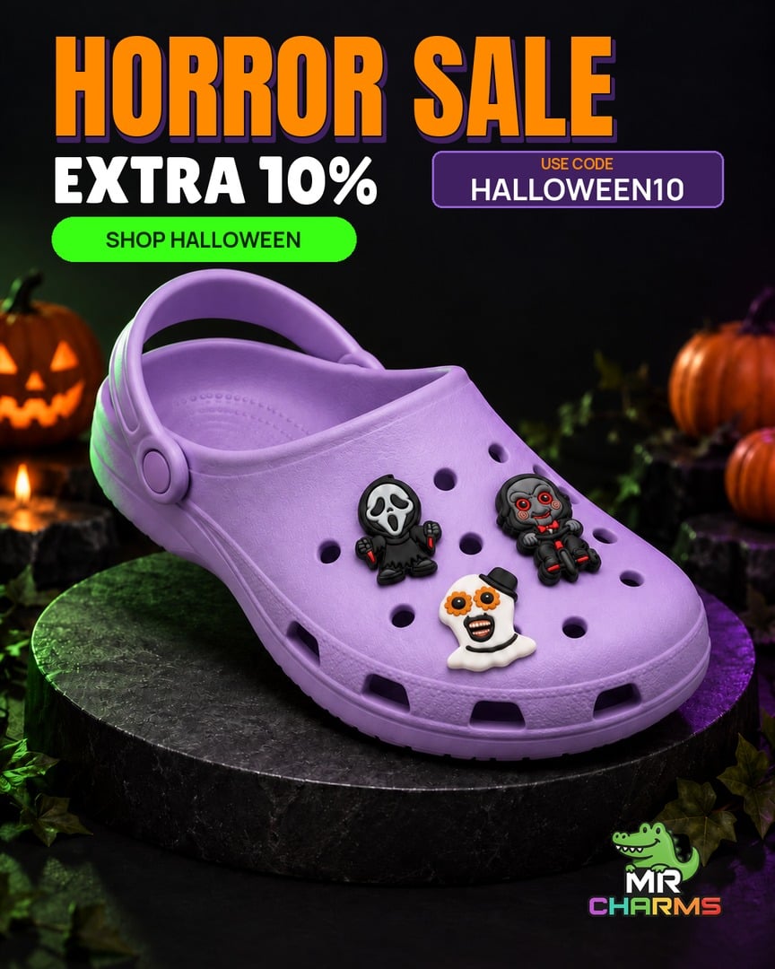 Horror favourites shoe charms on a clog. Extra 10% with code HALLOWEEN10