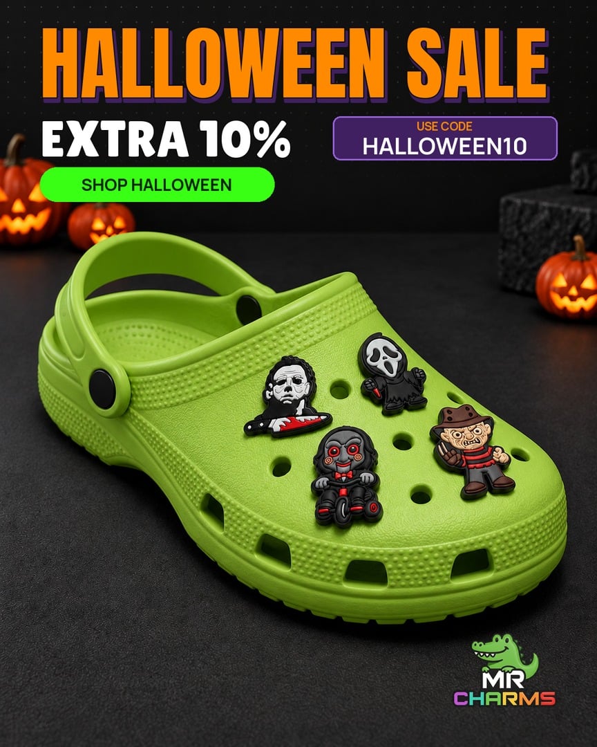 Halloween sale: extra 10% with code HALLOWEEN10. A green clog with horror shoe charms