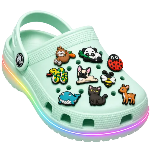 Example of a clog decorated with illustrated animal charms