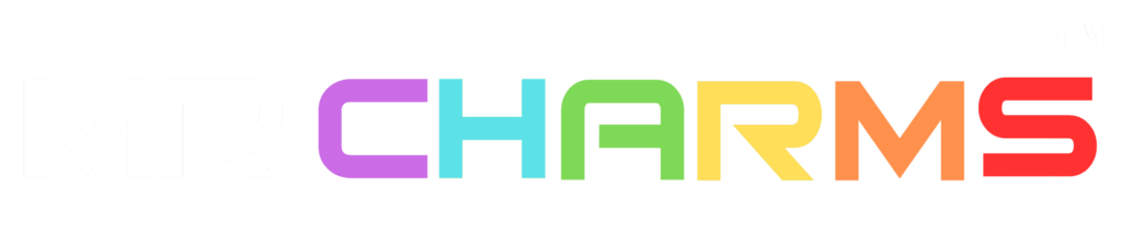 Mrcharms.com.au colorful logo with vibrant rainbow colors and modern design.