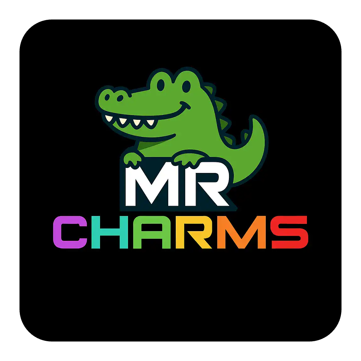 Bright green crocodile mascot logo for MR Charms on a black background.