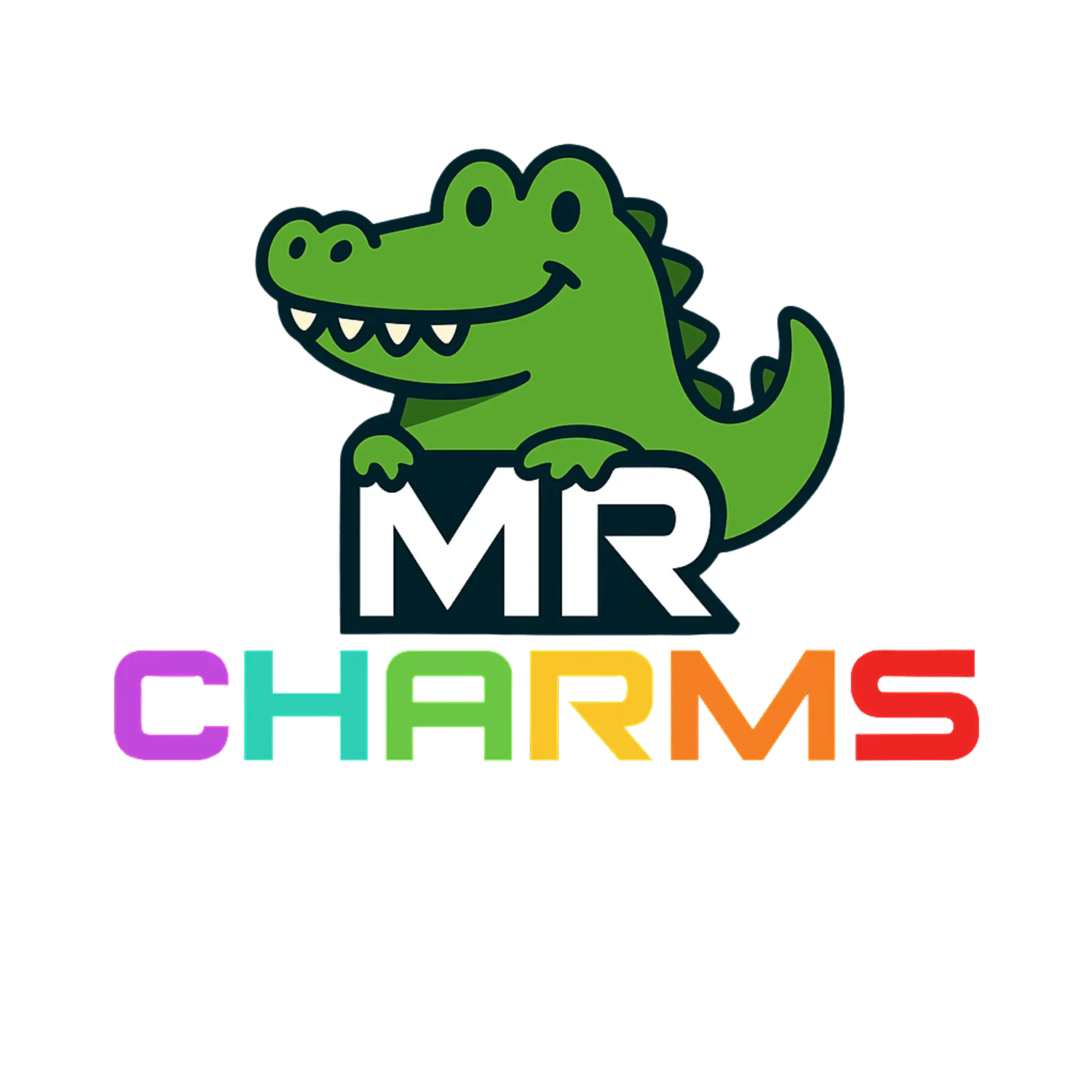 Bright green cartoon crocodile mascot holding a “MR” sign, vibrant colors for children’s brand.