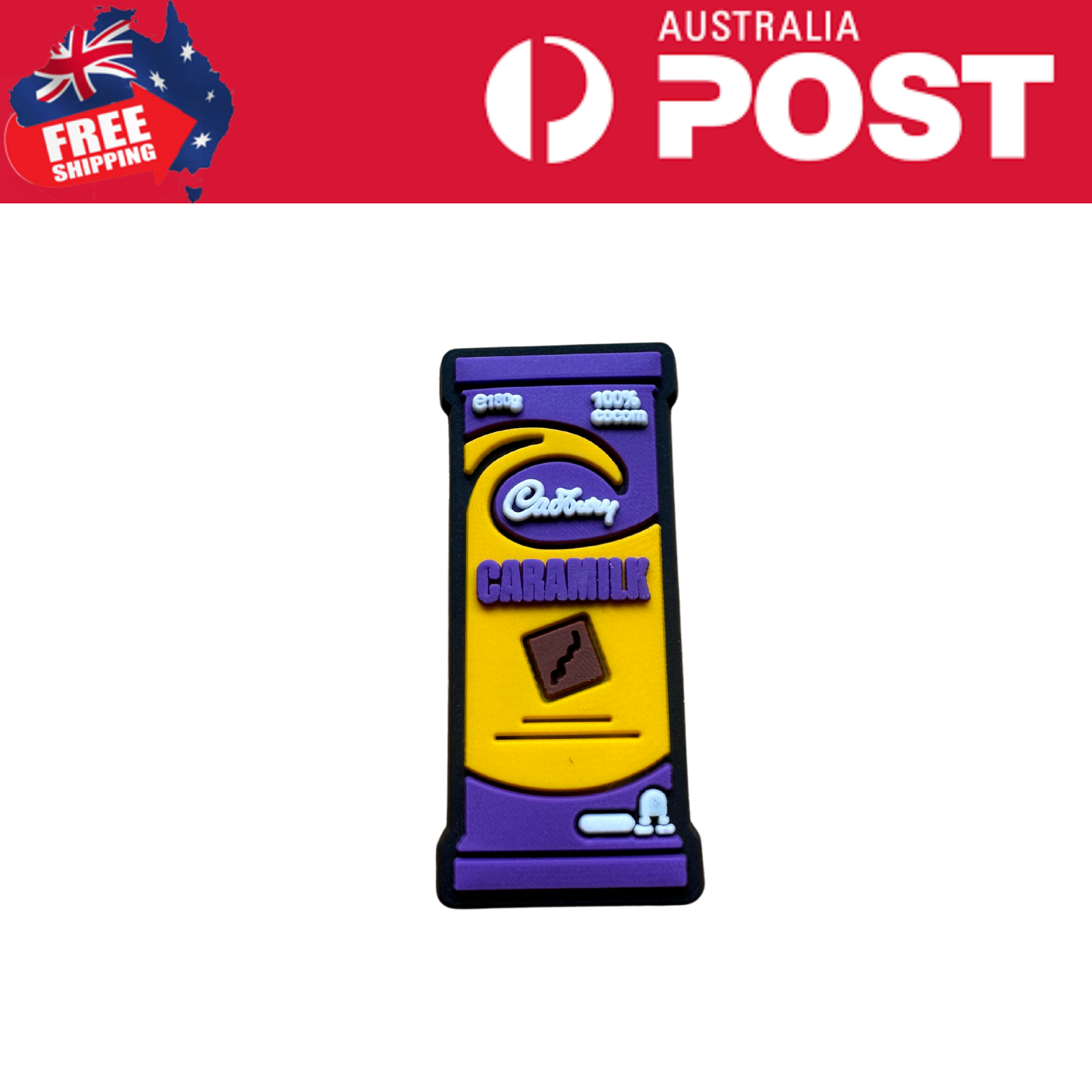 Cadbury Caramilk chocolate pin badge, collectible souvenir, fun Australian confectionery merchandise.