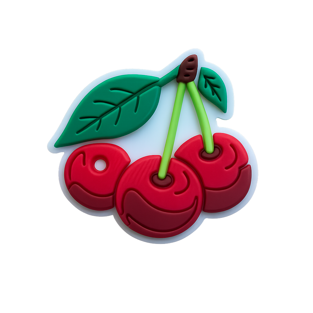 Colorful cherry-themed silicone freezer magnet with green leaves and brown stem. Perfect for kitchen or fridge decor.