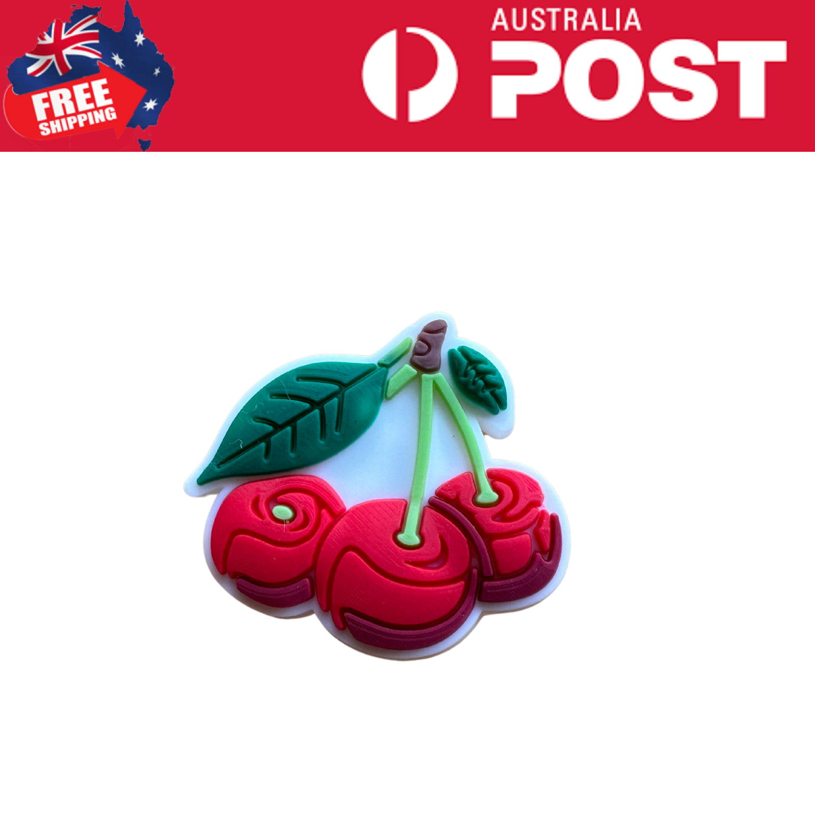 Colorful cherry-themed silicone freezer magnet with green leaves and brown stem. Perfect for kitchen or fridge decor.