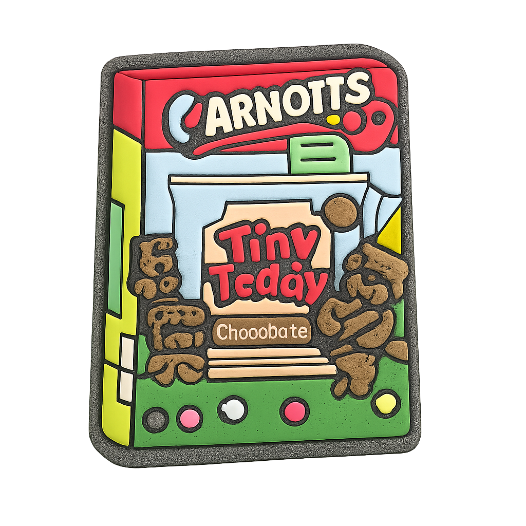 Colorful silicone rubber keychain of Arnotts Tiny Teddy chocolate box design featuring adorable teddy bear characters.