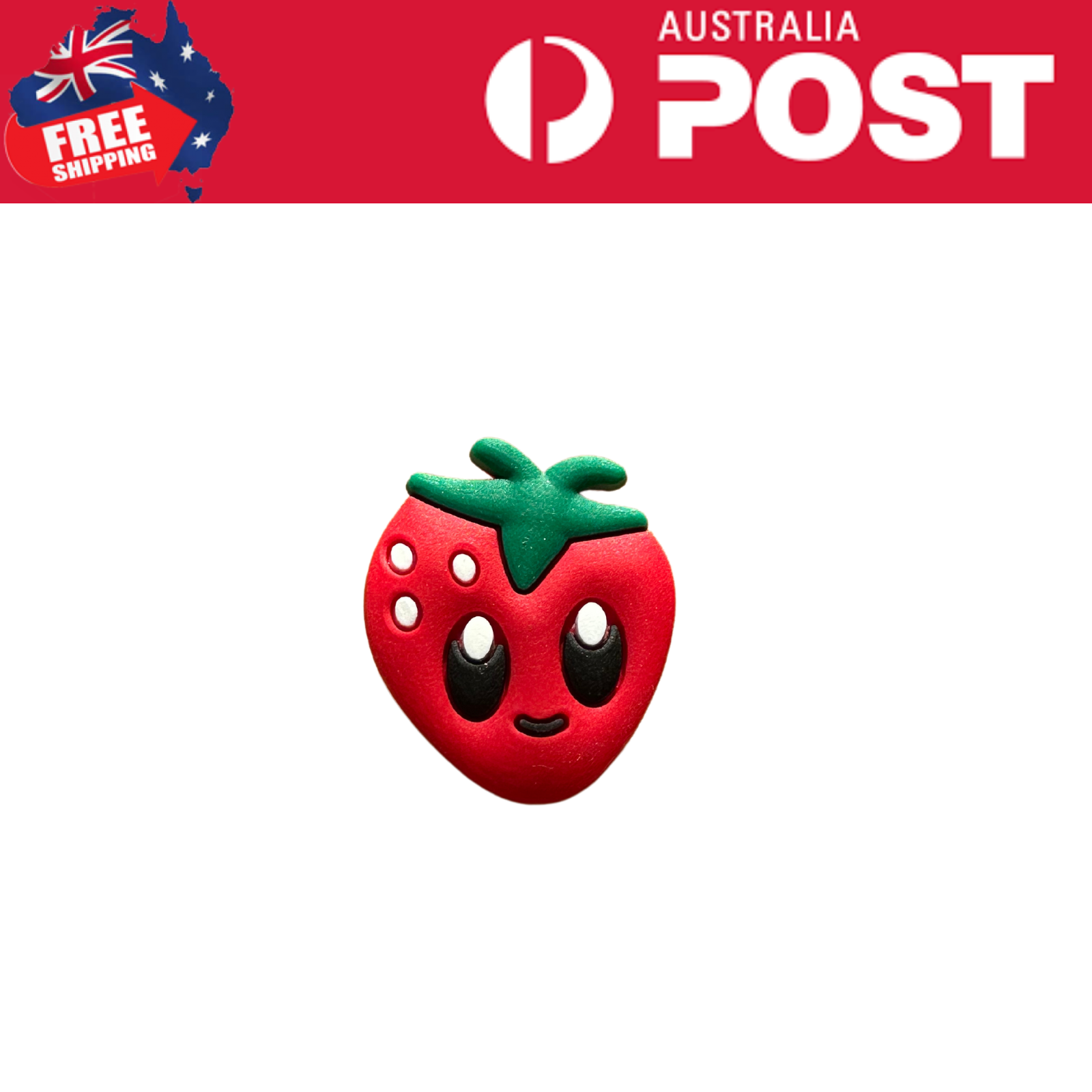 Cute kawaii strawberry polymer clay charm with a smiling face.