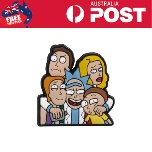 Colorful cartoon-style Rick and Morty characters hugging and smiling, emphasizing pop culture and animated series themes.
