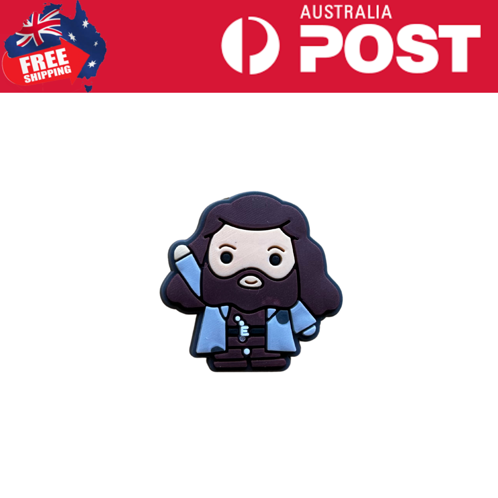 Cute cartoon bearded man keychain with blue jacket and hair, ideal for accessories and collectibles.