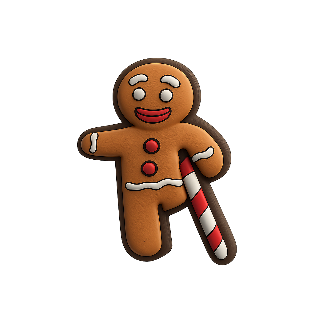 Gingerbread man cookie with crying face and candy cane, Christmas-themed treat.