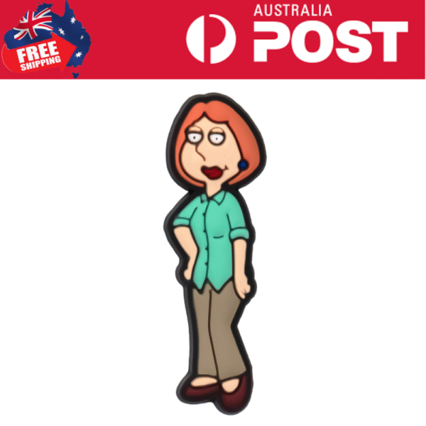 Cute animated woman pin with red hair, glasses, teal shirt, and beige pants, perfect for Aussie postal promotions.