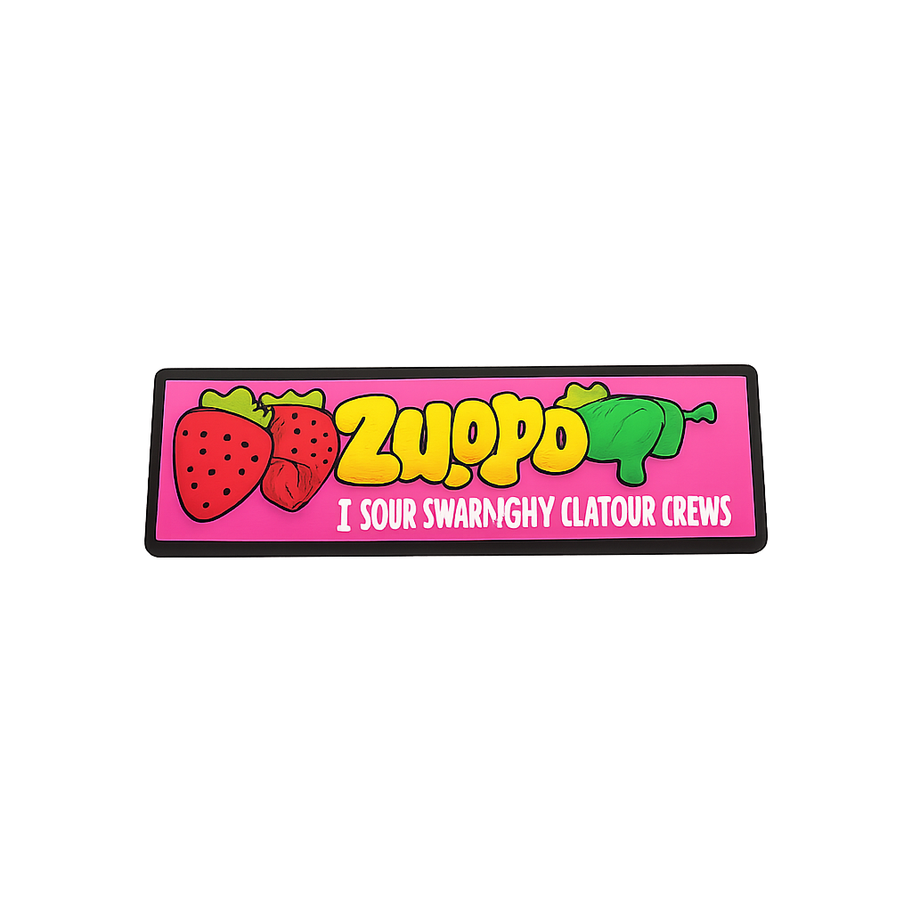 Bright pink Zaffir strawberry-flavored chewy candies with playful strawberry and leaf illustrations.
