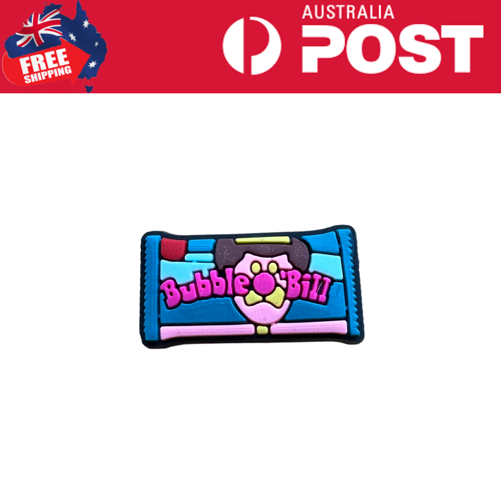 Colorful bubble gum toy with Bubble Bill logo, soft rubber-like material for kids.