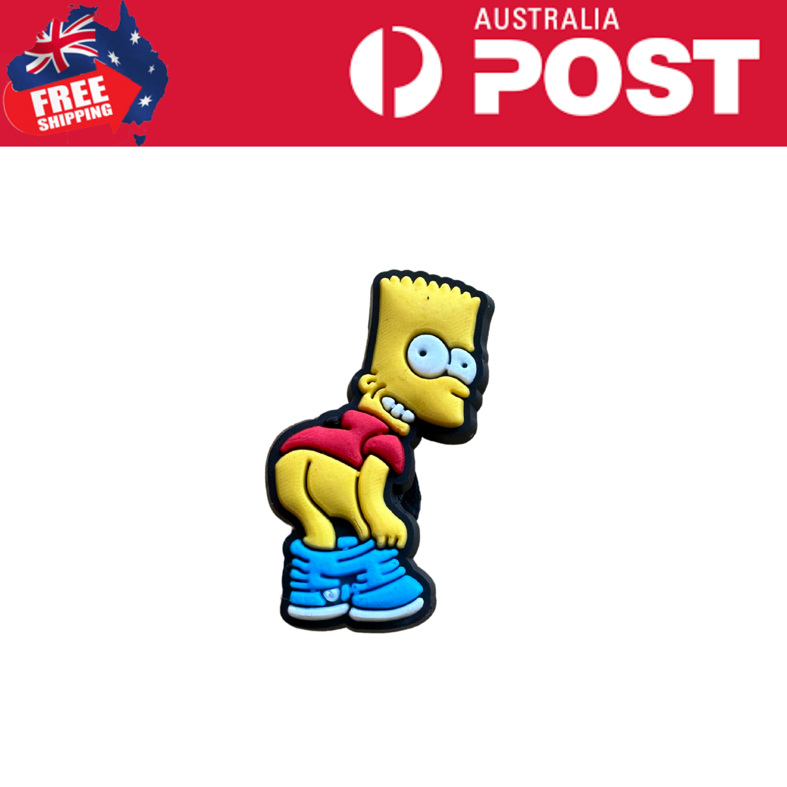 Colorful Bart Simpson rubber keychain with blue shoes and red hoodie, fun accessory for Simpsons fans.