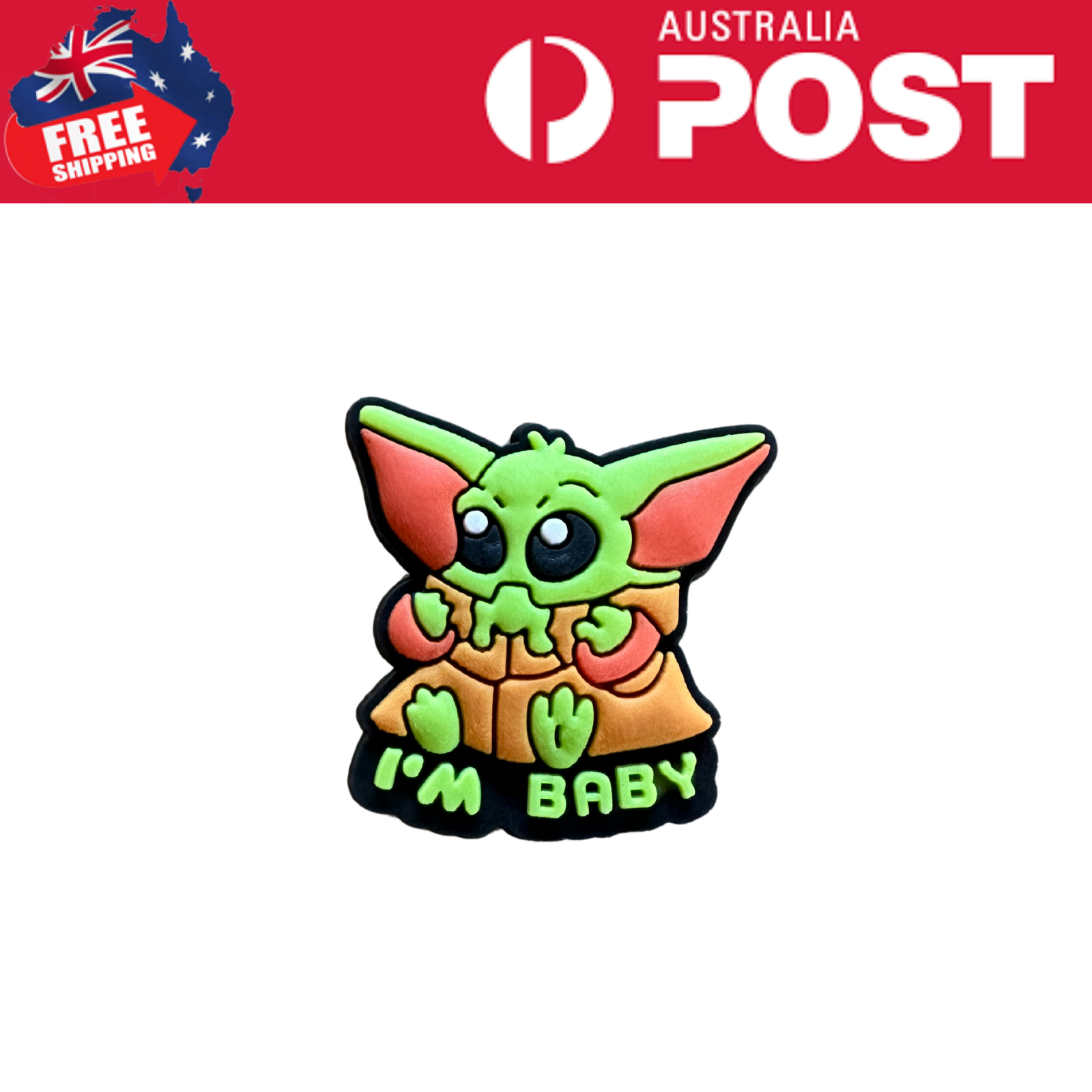 Colorful baby Yoda silicone pin, "I'M BABY" text, cute Star Wars inspired jewelry accessory.
