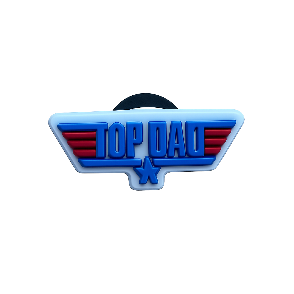 "Blue and red 'Top Dad' badge with star, best gift for Father's Day or dad appreciation.".