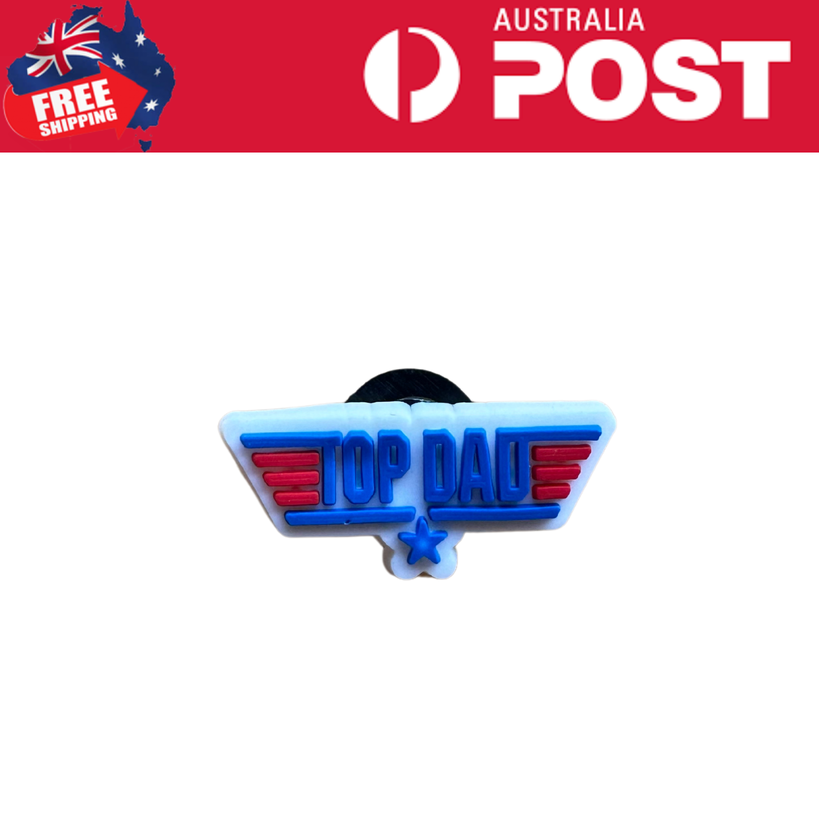 "Blue and red 'Top Dad' badge with star, best gift for Father's Day or dad appreciation.".