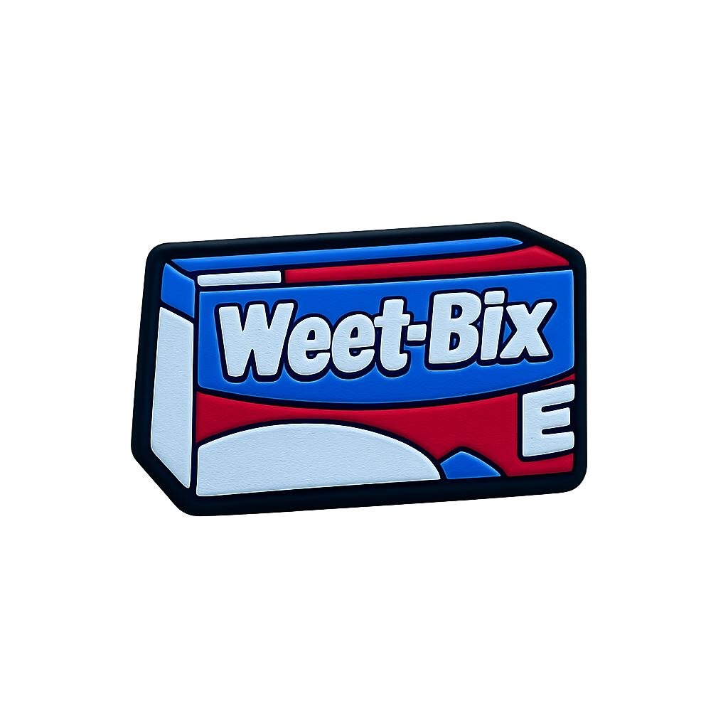 Nostalgic Wet-Bix cereal box patch pin, colorful retro food collectible.