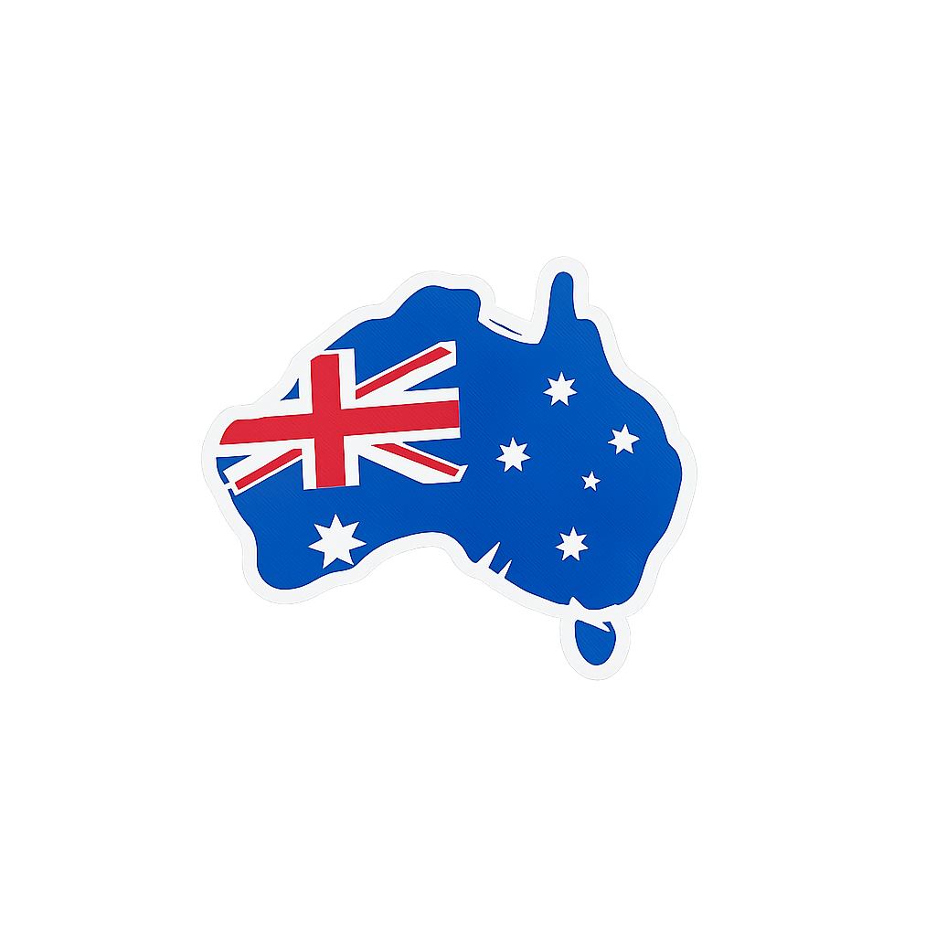 Australia map badge with Union Jack and stars, ideal for travel accessories, souvenirs, or national pride.