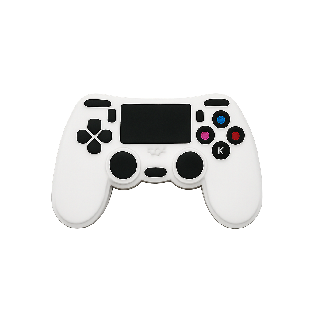 Lightweight white silicone game controller keychain, PlayStation style, for gaming accessories.