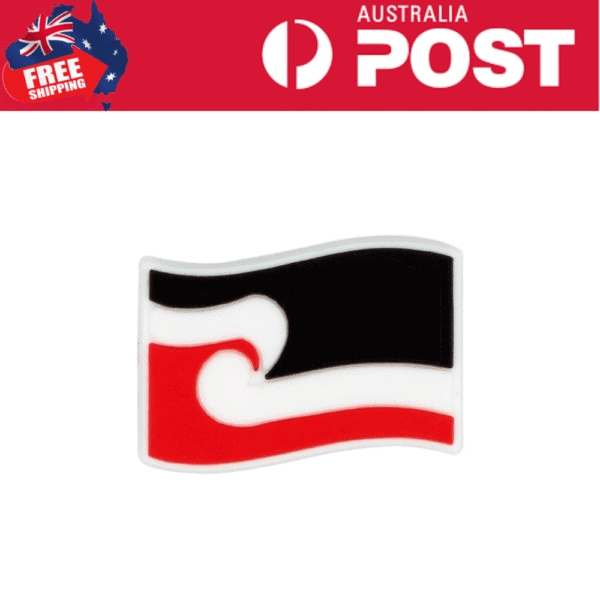 Black, red, and white flag enamel pin with a wave design, suitable for Australian post shipping packaging.