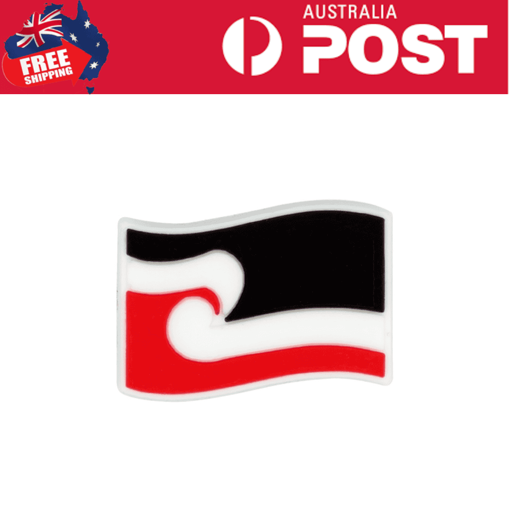 Black, red, and white flag enamel pin with a wave design, suitable for Australian post shipping packaging.