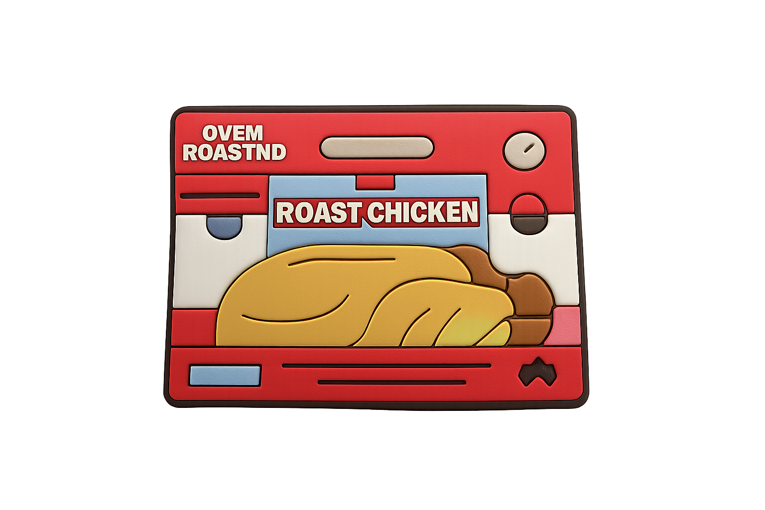Colorful rubber chicken-themed soap holder with oven roasted and roast chicken labels, kitchen decor accessory.
