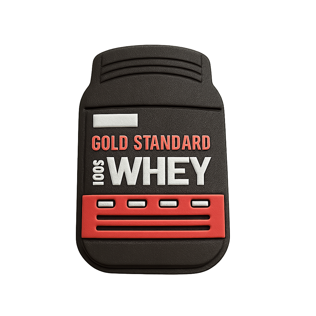 GOLD STANDARD 100% WHEY protein supplement keychain, fitness, nutrition, gym accessory.