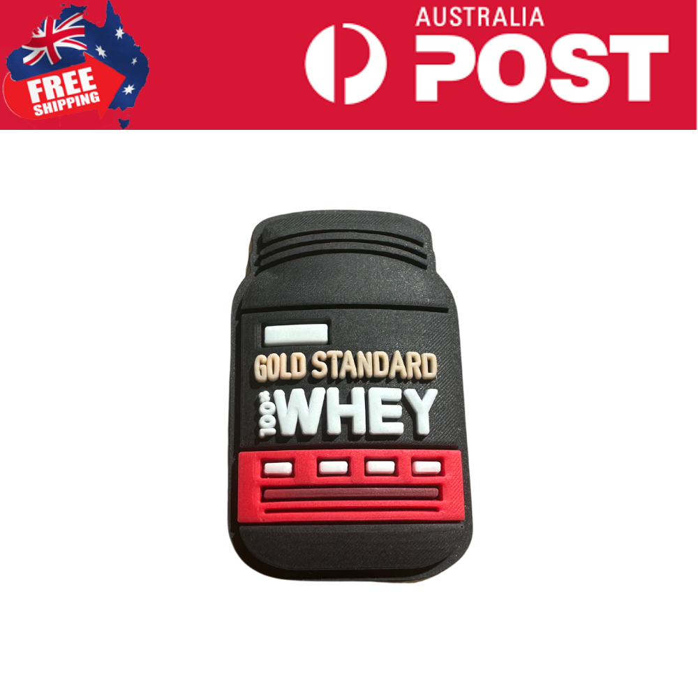 GOLD STANDARD 100% WHEY protein supplement keychain, fitness, nutrition, gym accessory.