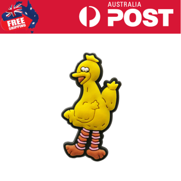 Yellow rubber duck with pink striped legs, cartoon style, ideal for kids' accessories and decor.