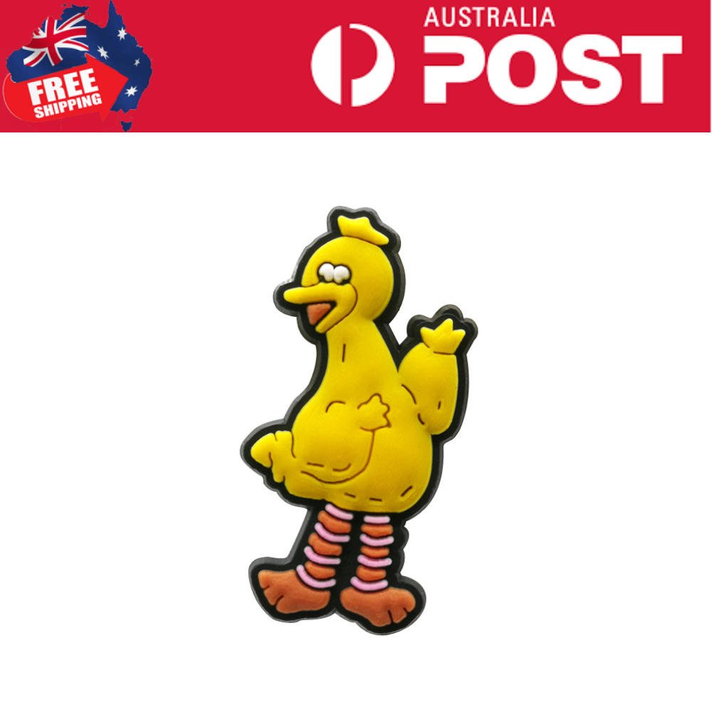 Yellow rubber duck with pink striped legs, cartoon style, ideal for kids' accessories and decor.