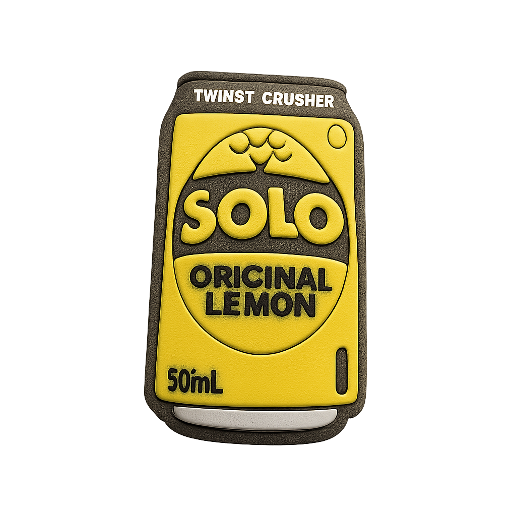 Bright yellow SOLO lemon drink bottle cap with black text and design elements, promotional product for refreshing lemon beverages.