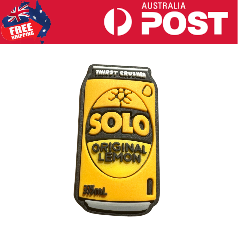 Bright yellow SOLO lemon drink bottle cap with black text and design elements, promotional product for refreshing lemon beverages.