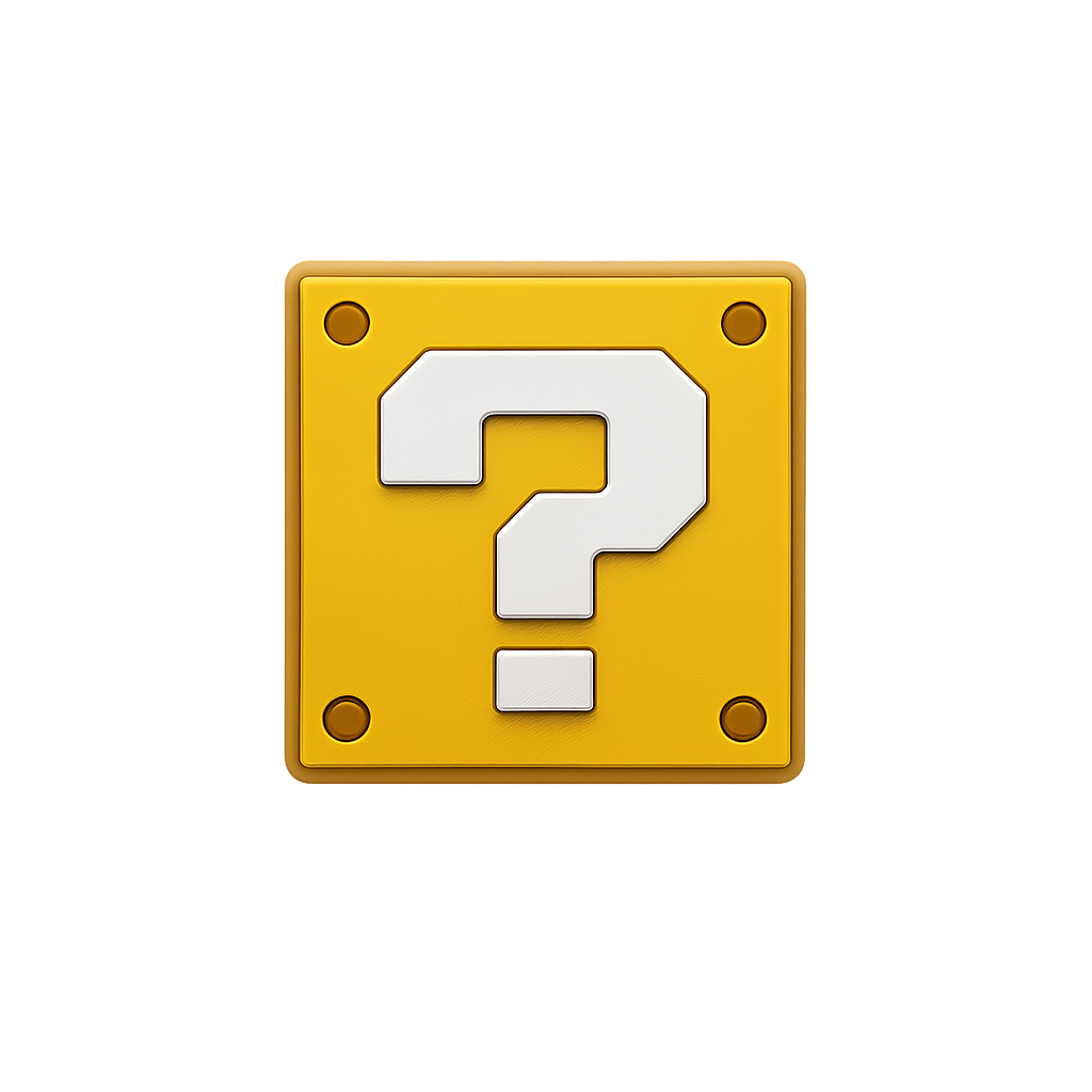 Bright yellow Super Mario question block icon for gaming and collectibles.