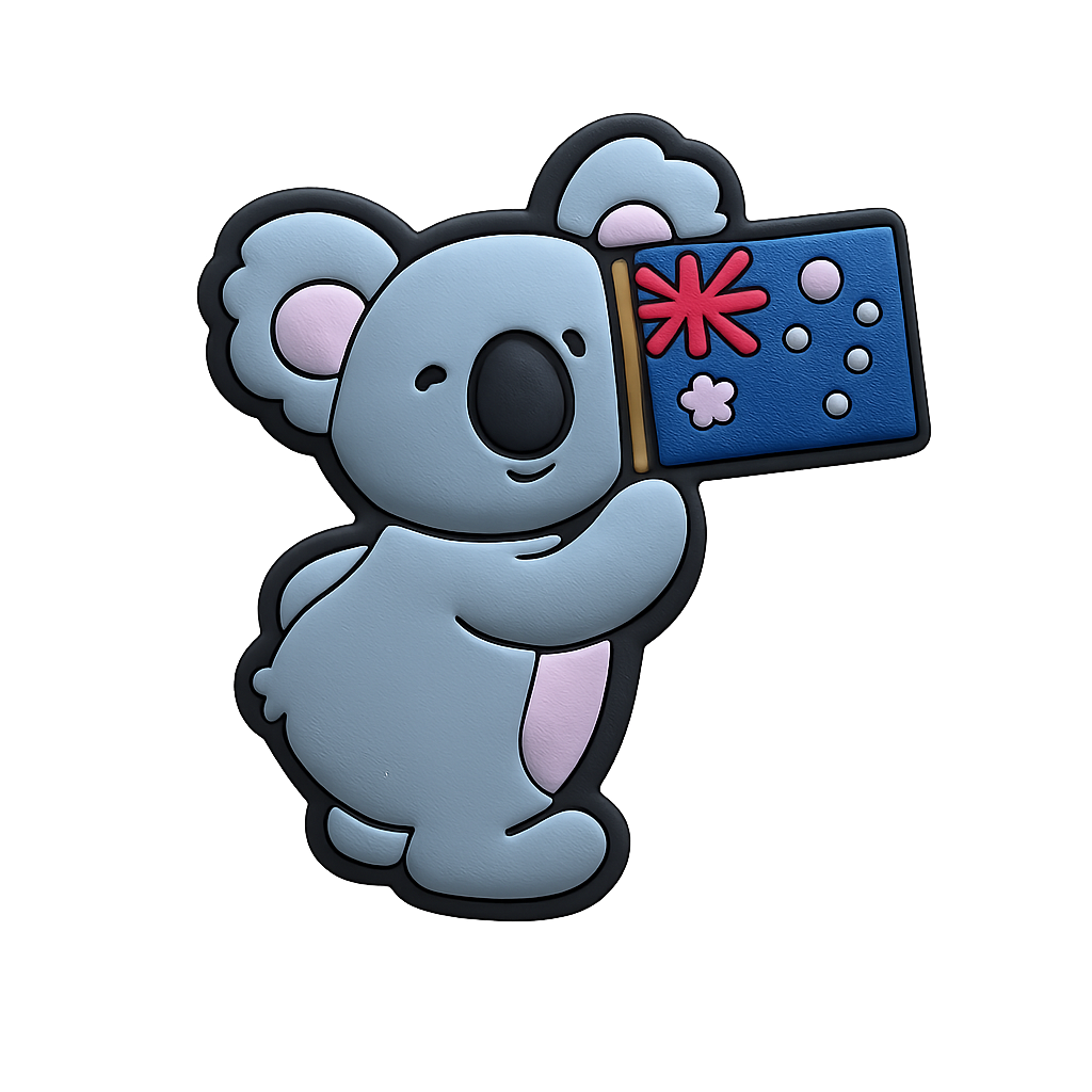 Cute koala lapel pin with Australian flag and kangaroo design for Australia souvenirs and accessories.