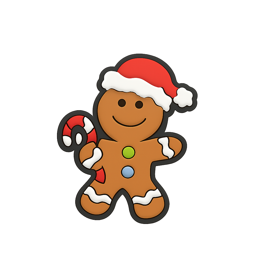 Colorful gingerbread man cookie decorated with Christmas holiday themes, wearing a Santa hat and holding a candy cane.