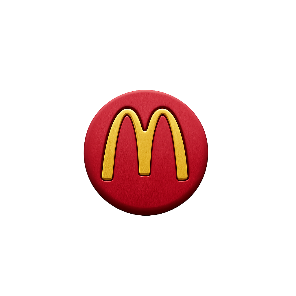 McDonald's logo badge with red background and yellow arches, 3D design, suitable for branding and promotional items.