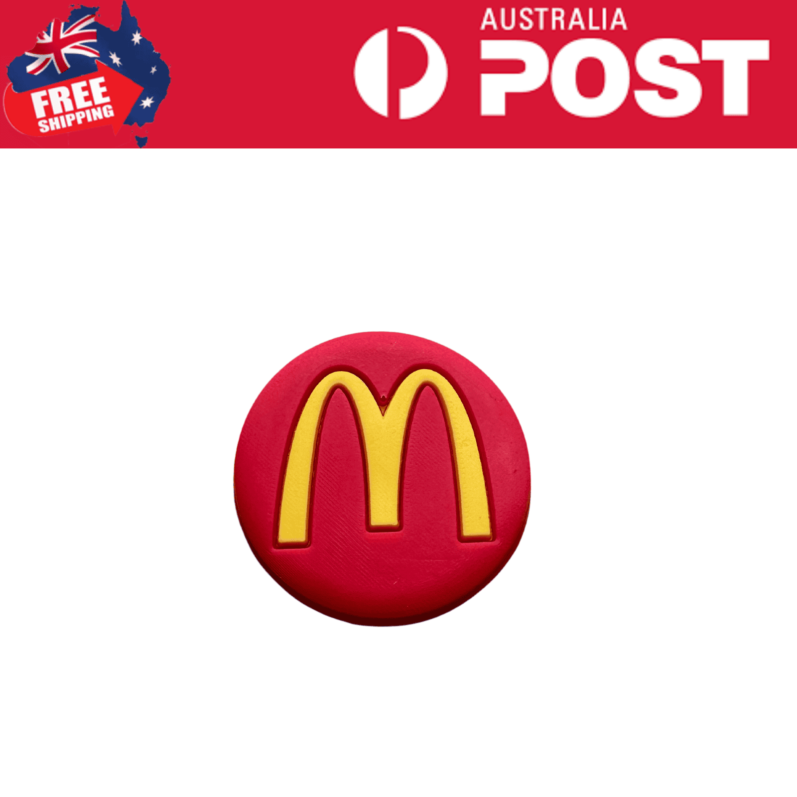 McDonald's logo badge with red background and yellow arches, 3D design, suitable for branding and promotional items.