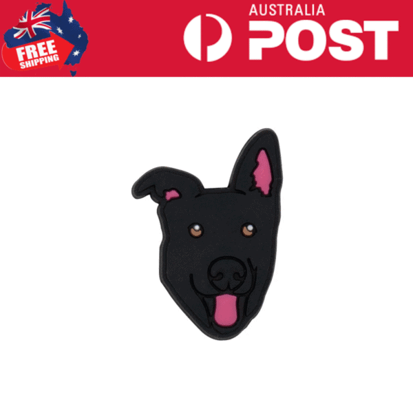 Black and pink dog-shaped rubber patch for clothing and accessories, stylish and fun pet-inspired design.