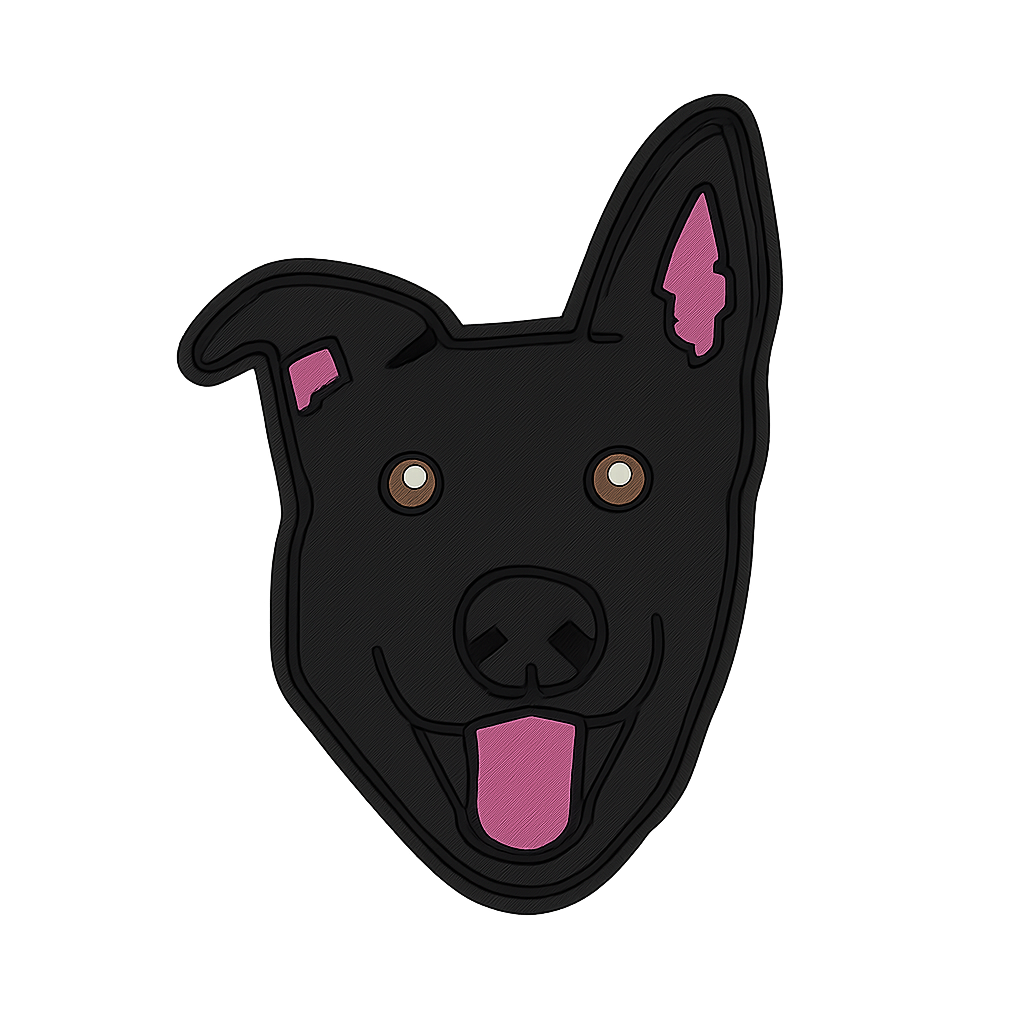 Black and pink dog-shaped rubber patch for clothing and accessories, stylish and fun pet-inspired design.
