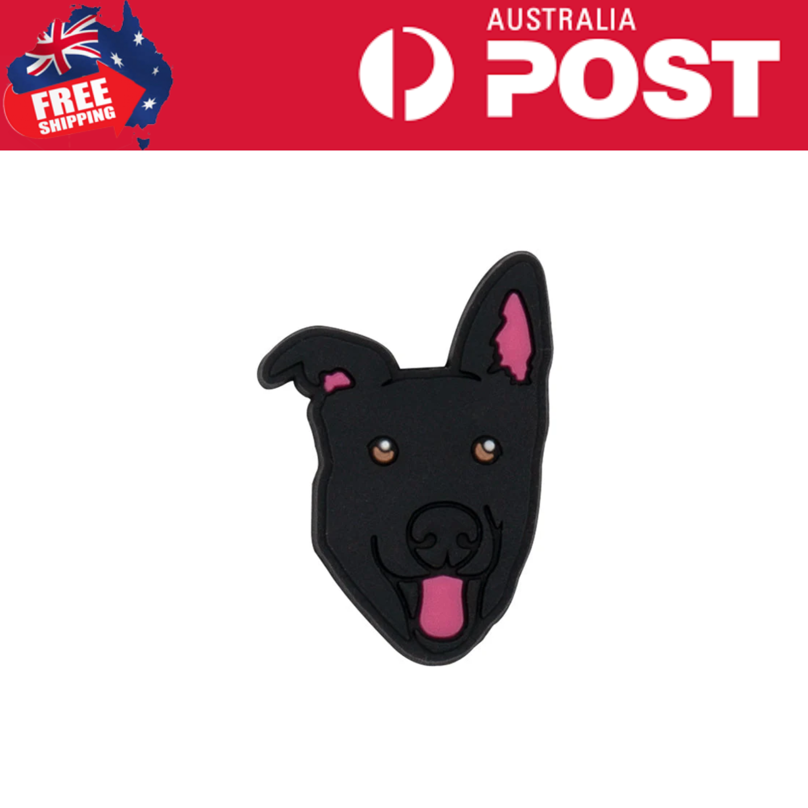 Black and pink dog-shaped rubber patch for clothing and accessories, stylish and fun pet-inspired design.