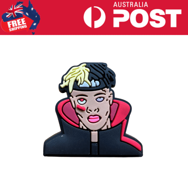 Bright enamel pin of a person with dyed hair, edgy makeup, and a hoodie; perfect for streetwear or music fans.