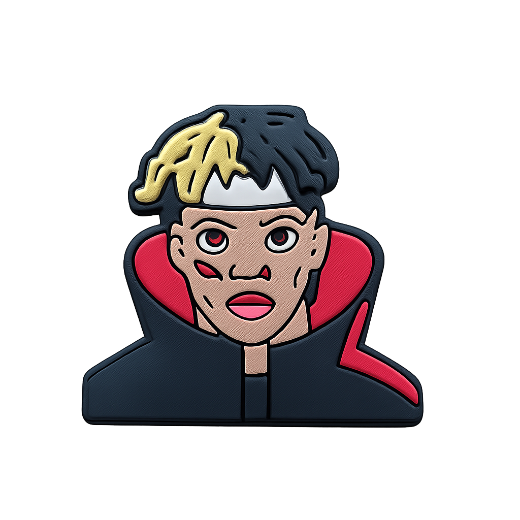 Bright enamel pin of a person with dyed hair, edgy makeup, and a hoodie; perfect for streetwear or music fans.