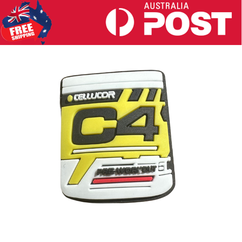 C4 pre-workout supplement badge with vibrant yellow, black, and white design for fitness enthusiasts.