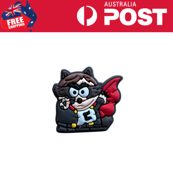 Cute evil cartoon bat superhero rubber keychain, black and red costume, collectible toy, Halloween accessory.