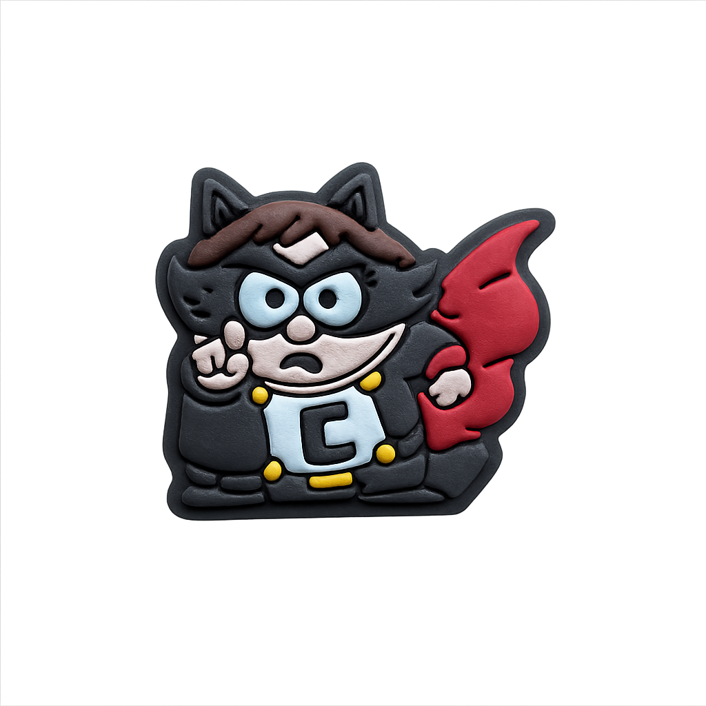 Cute evil cartoon bat superhero rubber keychain, black and red costume, collectible toy, Halloween accessory.