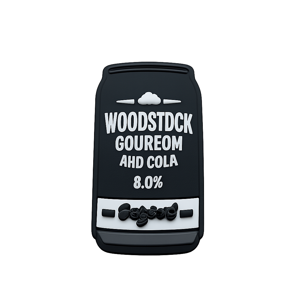 Vintage whiskey label patch with Woodstock Bourbon and Gold text, black background, 8% alcohol.
