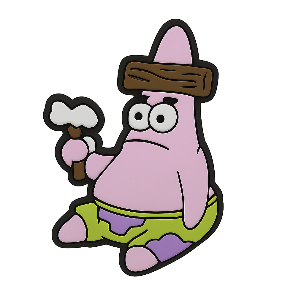 Pink cartoon character pin with wooden club for sale in Australia, trendy fashion accessory optima focus.