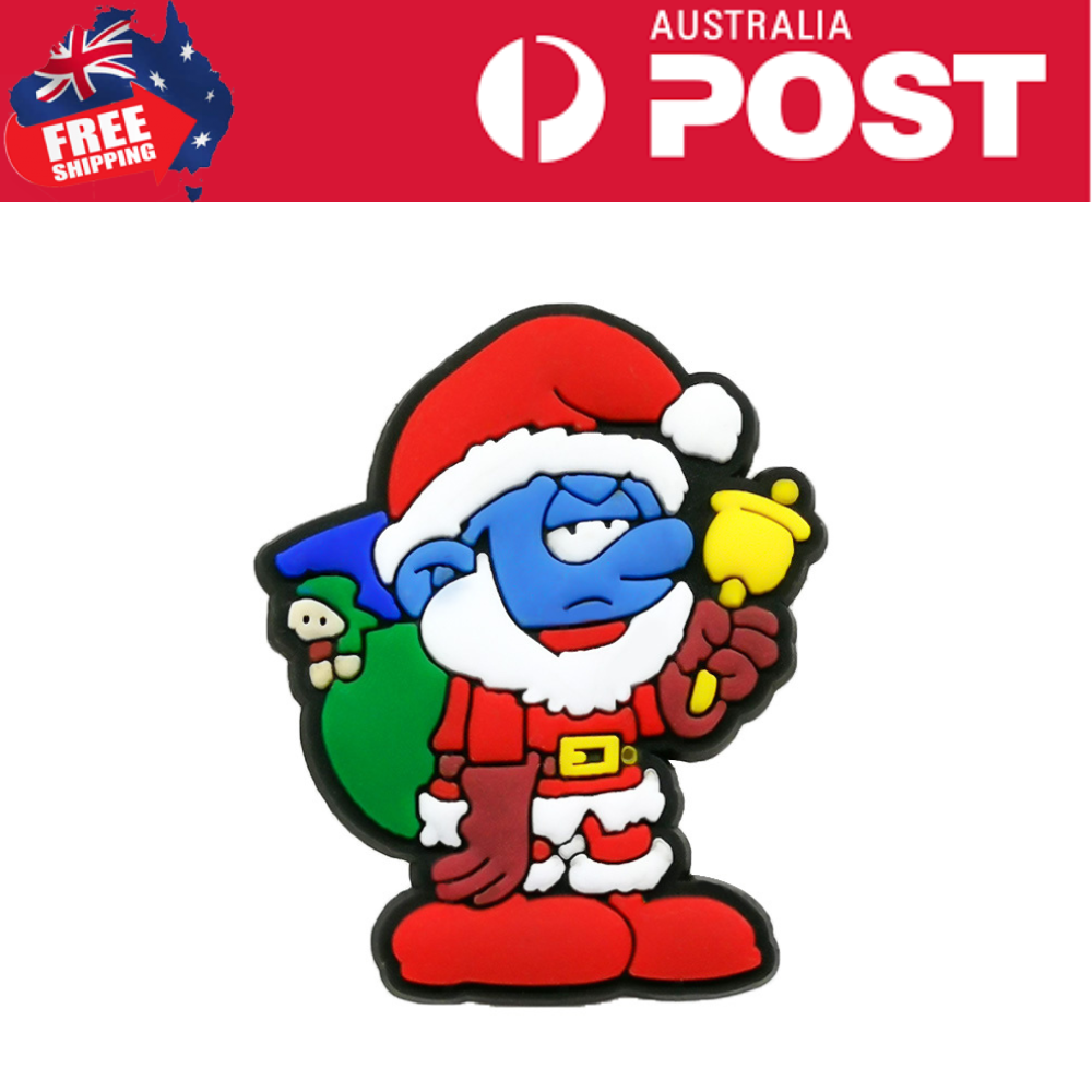 Santa Smurf wearing a Santa hat and holding a yellow bell, with a backpack, in a colorful cartoon style for Christmas decor.