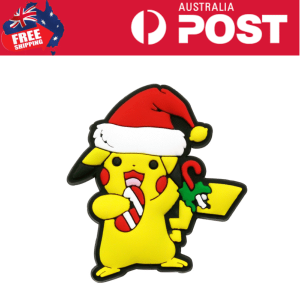 Funny Pikachu Christmas Santa hat keychain with candy cane and candy.
